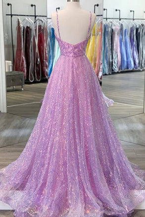 Shiny V Neck Backless Lilac Prom Dresses with Straps, Formal Dresses, Purple Evening Dresses DMP002