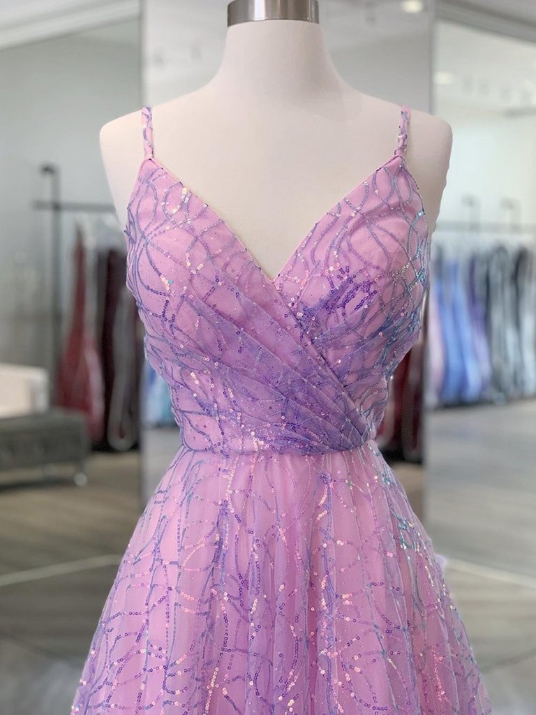 Shiny V Neck Backless Lilac Prom Dresses with Straps, Formal Dresses, Purple Evening Dresses DMP002