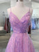 Shiny V Neck Backless Lilac Prom Dresses with Straps, Formal Dresses, Purple Evening Dresses DMP002