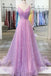Shiny V Neck Backless Lilac Prom Dresses with Straps, Formal Dresses, Purple Evening Dresses DMP002