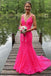 Mermaid V Neck Hot Pink Lace Long Prom Dresses Chic Evening Dresses DMP208