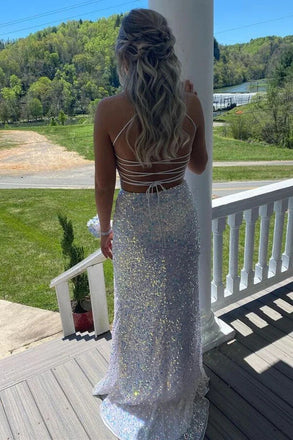 Mermaid White Sequins Long Prom Dress with Slit Formal Evening Dresses DM1891