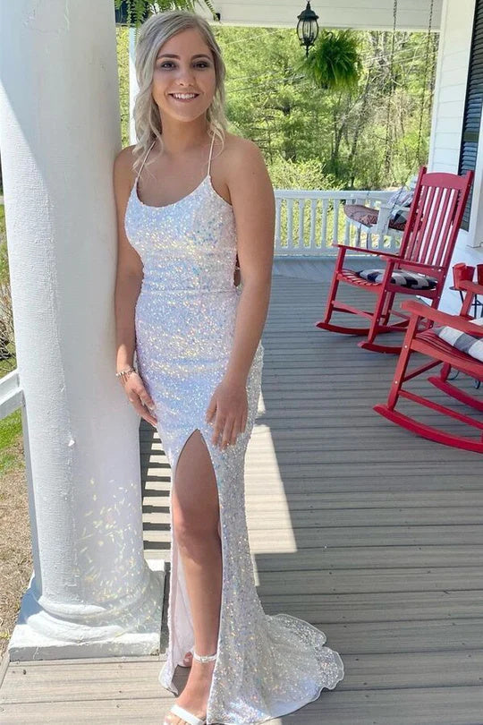 Mermaid White Sequins Long Prom Dress with Slit Formal Evening Dresses DM1891