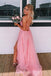 Sexy Backless Pink A-line Long Prom Dresses, Tulle Appliques Formal Gown With Split DMP079