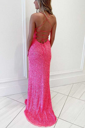Hot Pink Sequins Mermaid Long Prom Dresses Evening Party Dresses DMP125