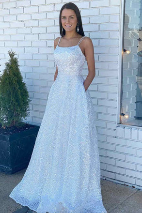 White Sequin Straps Lace-Up Back A-Line Prom Dress Formal Evening Dresses DM2026