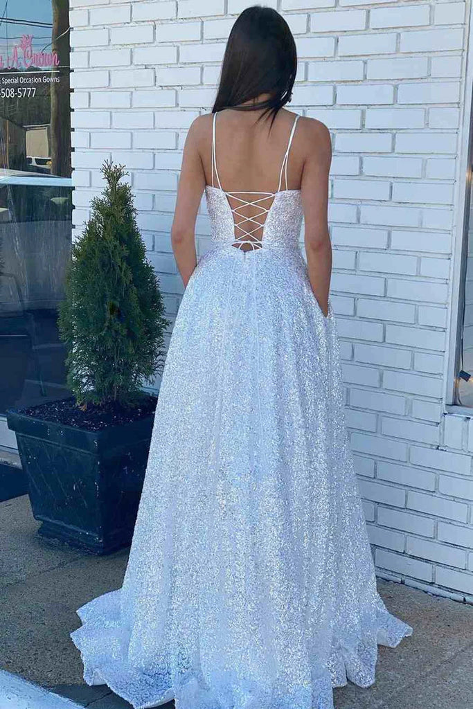 White Sequin Straps Lace-Up Back A-Line Prom Dress Formal Evening Dresses DM2026