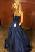 A Line Plunge Neckline Beaded Navy Blue Prom Dresses Pockets Cheap Evening Dresses DMI55
