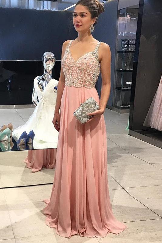 Cheap Peach Chiffon Beading Straps Long A-line Prom Dresses DMG31