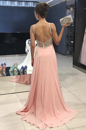 Cheap Peach Chiffon Beading Straps Long A-line Prom Dresses DMG31