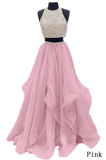 Two Piece Floor Length Burgundy Prom Dress Beaded Open Back Evening Gown DM603