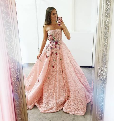 Strapless Pink Lace Long Ball Gown with Floral Embroidery Cheap Prom Dresses DMJ33