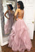 Sexy Deep V Neck Ruffles Pink Long Prom Dress with Criss Cross Back DMI41