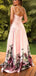 Pink A Line Satin Floral Prints Spaghetti Strap A-Line Prom Dresses DM2000