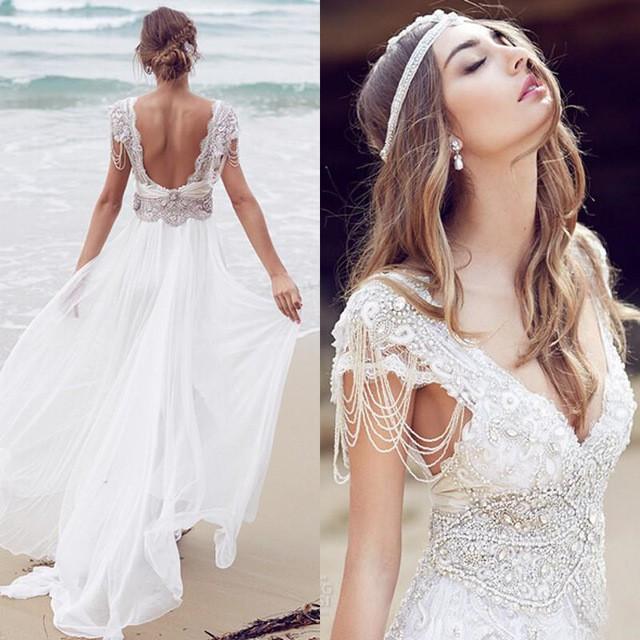 Sexy Beading A Line Chiffon V-neck Long Beach/Coast Wedding Dresses,Summer Wedding Gown DM267