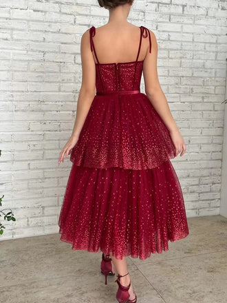 Pretty Sweetheart Neck Burgundy Layered Tea Length Prom Dresses DMP322