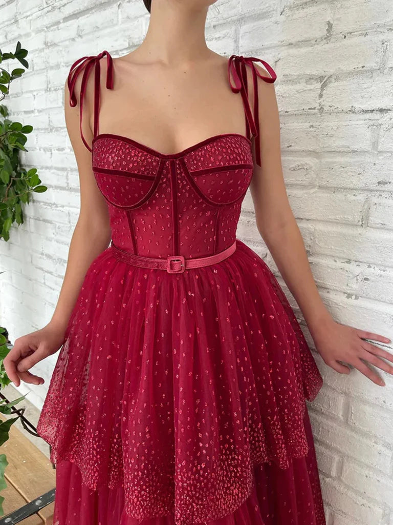 Pretty Sweetheart Neck Burgundy Layered Tea Length Prom Dresses DMP322