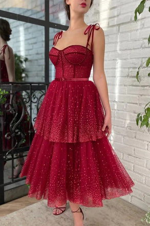 Pretty Sweetheart Neck Burgundy Layered Tea Length Prom Dresses DMP322