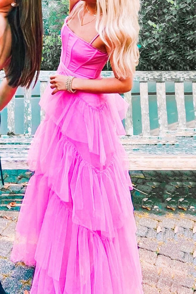 Princess Hot Pink A Line Tulle Long Prom Dresses Layered Ruffles Eveni Demodresses Princess Hot Pink A Line Tulle Long Prom Dresses Layered Ruffles Eveni Demodresses