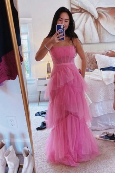 Princess Hot Pink A Line Tulle Long Prom Dresses Layered Ruffles Evening Gown DMP072