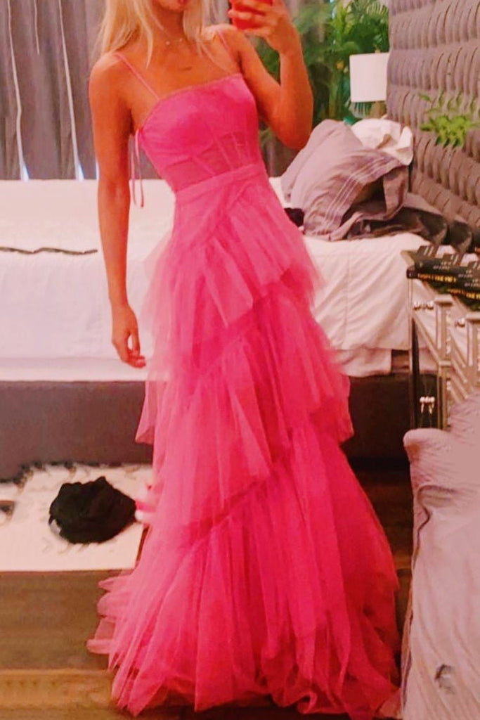 Princess Hot Pink A Line Tulle Long Prom Dresses Layered Ruffles Eveni Demodresses Princess Hot Pink A Line Tulle Long Prom Dresses Layered Ruffles Eveni Demodresses