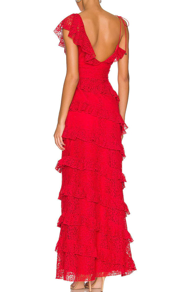 Unique Red Lace Tiered Long Prom Dresses V Neck Evening Dress, Graduation Gown DMP288