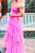 Hot Pink Spaghetti Straps Floor Length Prom Dresses With Ruffles, A Line Tulle Formal Gown DMP113