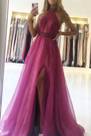 A-line Purple Long Prom Dress With Beads, Tulle Formal Evening Dress  DMP292