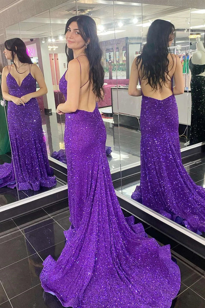 Purple V Neck Backless Sequins Long Prom Dresses, Formal Evening Dresses DM1916
