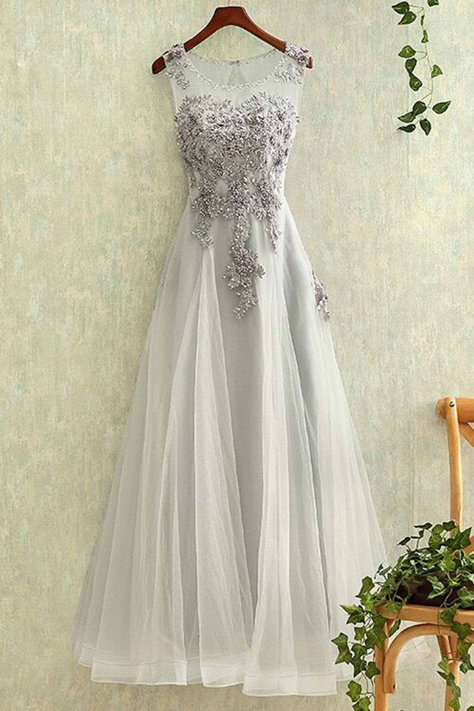 Gray Prom Dress,tulle Prom Dress,round neckProm Gown, a line Prom Dress,lace Evening Dress,appliqued Prom Dresses,see-through Prom Dress, long prom dress,sexy evening dresses
