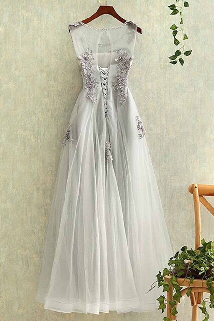 Gray tulle round neck a line lace applique see-through long prom/evening dresses DM194
