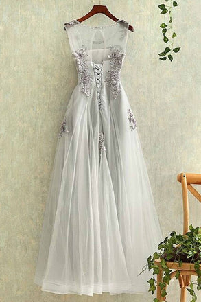 Gray tulle round neck a line lace applique see-through long prom/evening dresses DM194