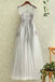 Gray tulle round neck a line lace applique see-through long prom/evening dresses DM194
