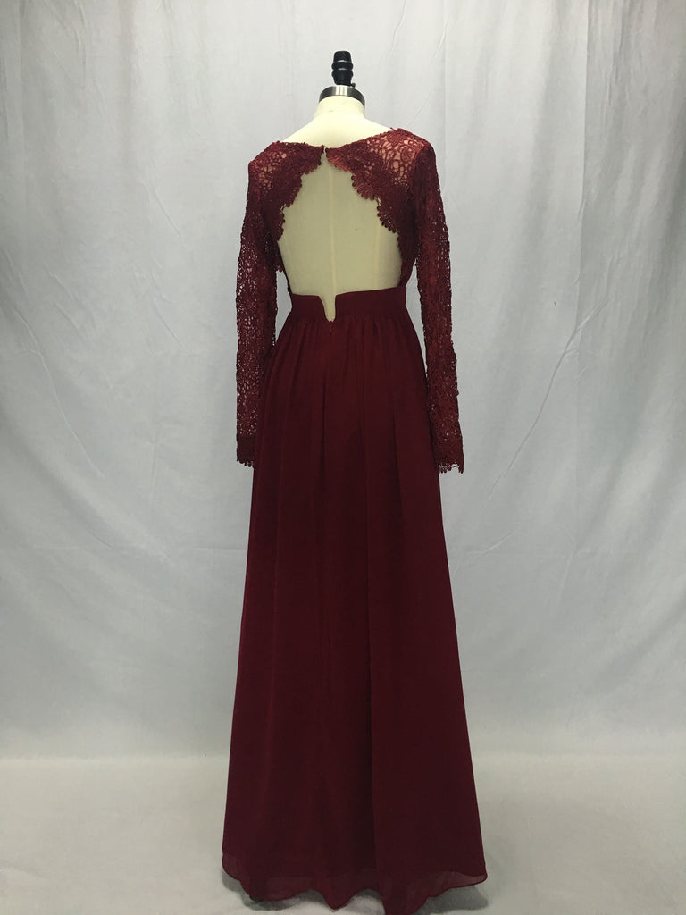 Lace Chiffon Bodice Burgundy Prom Dress,Long Simple Bridesmaid Dress with Long Sleeves DM381