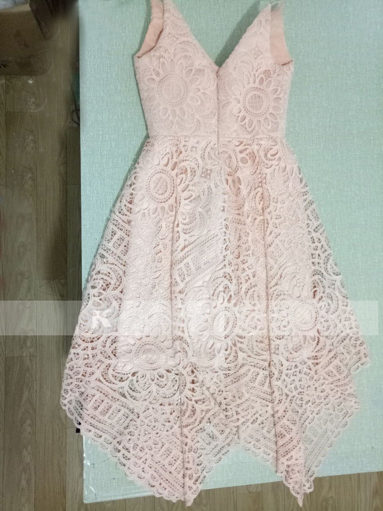 Navy Blue/Pink Deep V-neck Spaghetti Straps Sleeveless Asymmetry Lace A-line Bridesmaid Dress DM236