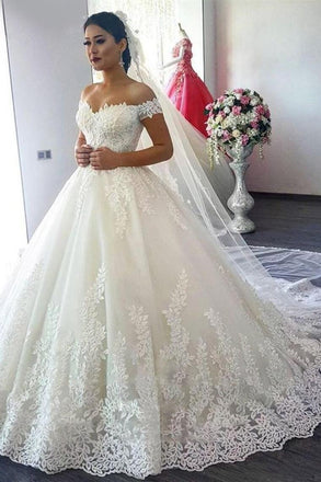 New Arrival Off The Shoulder A Line Wedding Dresses Tulle With Applique Sweep Train DME71