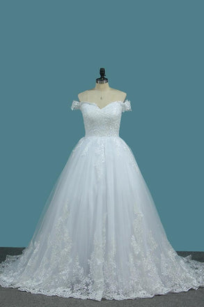 New Arrival Off The Shoulder A Line Wedding Dresses Tulle With Applique Sweep Train DME71