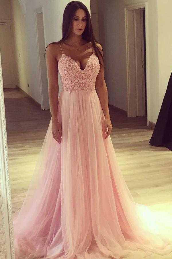 A Line Spaghetti Straps Pink Tulle Long Prom Dress DME87