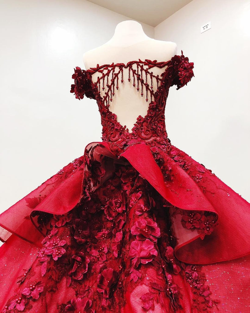 Charming Red Ball Appliques Gown Prom Dress With Beads, Quinceanera Dresses DMF37
