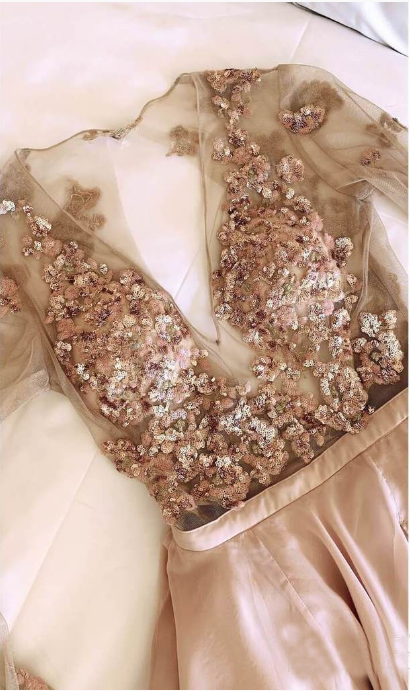 Long Sleeve See Through V Neck Prom Dresses Side Slit Formal Prom Party Dress DMH65