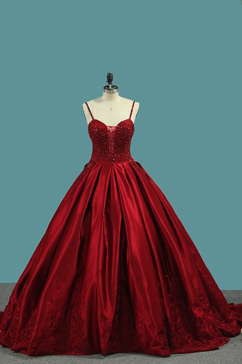 Burgundy Spaghetti Straps Beading Prom Dresses, Princess Ball Gown DMJ7