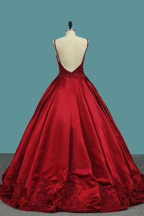 Burgundy Spaghetti Straps Beading Prom Dresses, Princess Ball Gown DMJ7
