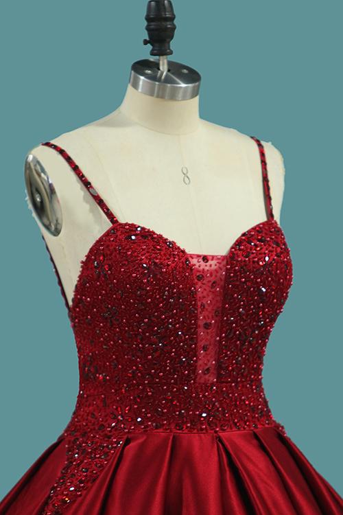 Burgundy Spaghetti Straps Beading Prom Dresses, Princess Ball Gown DMJ7