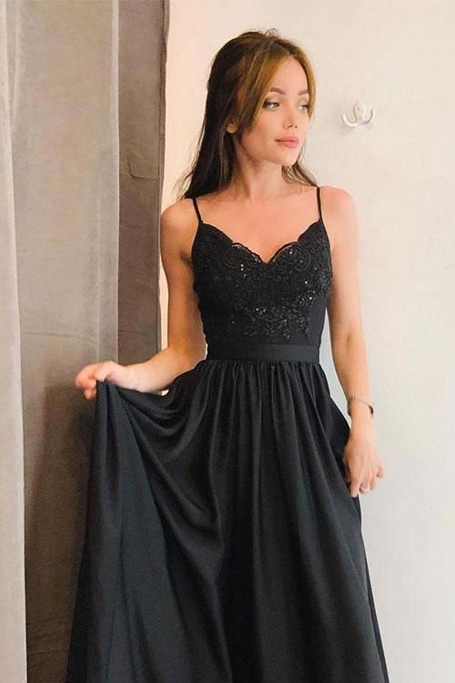 Stunning A-line Spaghetti Straps Long Black Prom Dress with Split DMJ63