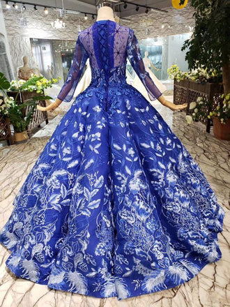 Royal Blue Long Sleeves Lace Prom Dresses,Ball Gown Quinceanera Dresses DMK6