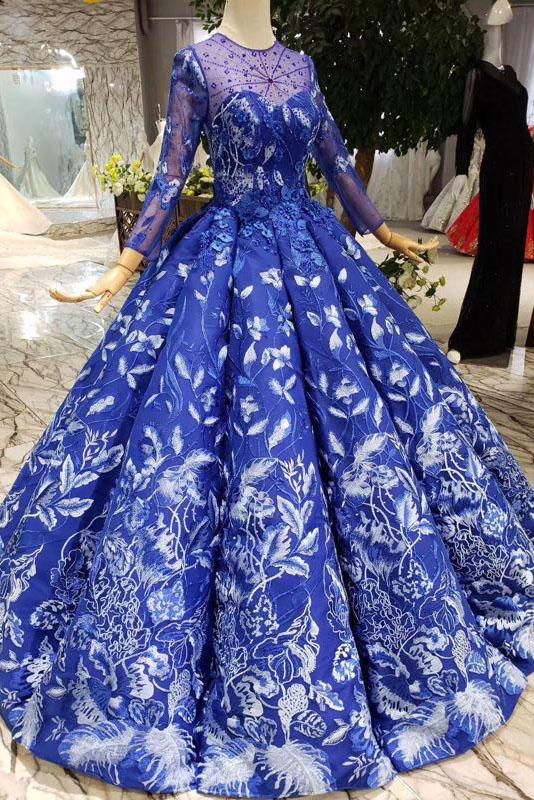 Royal Blue Long Sleeves Lace Prom Dresses,Ball Gown Quinceanera Dresses OKK6 Demodresses Royal Blue Long Sleeves Lace Prom Dresses,Ball Gown Quinceanera Dresses OKK6 Demodresses