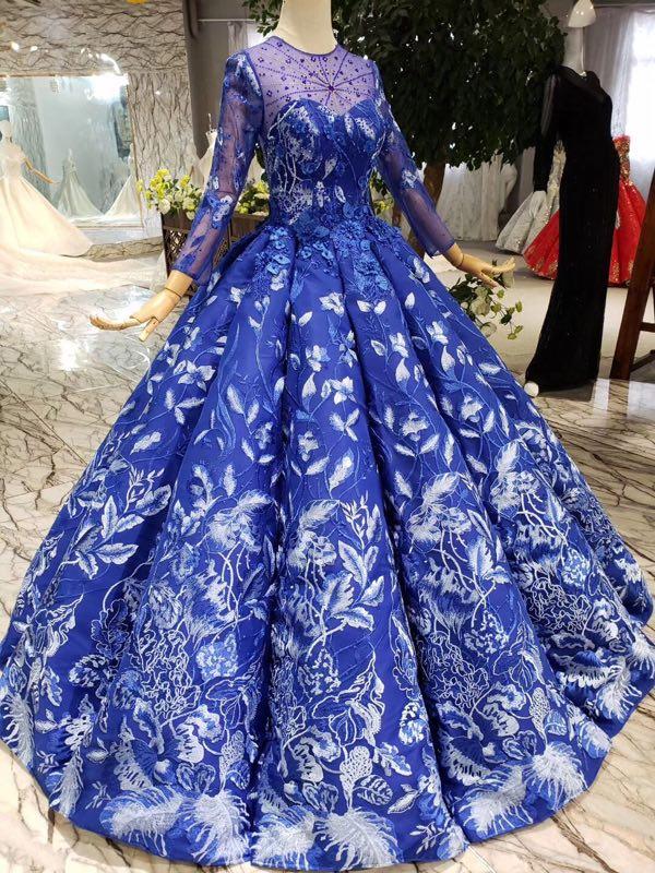 Royal Blue Long Sleeves Lace Prom Dresses,Ball Gown Quinceanera Dresses DMK6