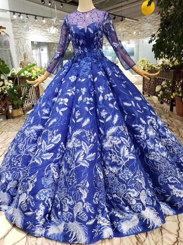 Royal Blue Long Sleeves Lace Prom Dresses,Ball Gown Quinceanera Dresses DMK6