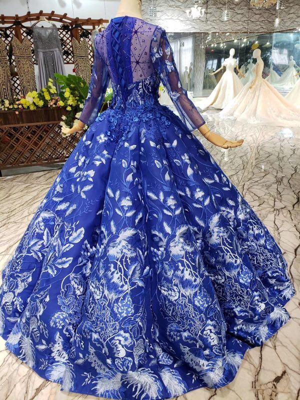 Royal Blue Long Sleeves Lace Prom Dresses,Ball Gown Quinceanera Dresses DMK6