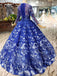 Royal Blue Long Sleeves Lace Prom Dresses,Ball Gown Quinceanera Dresses DMK6